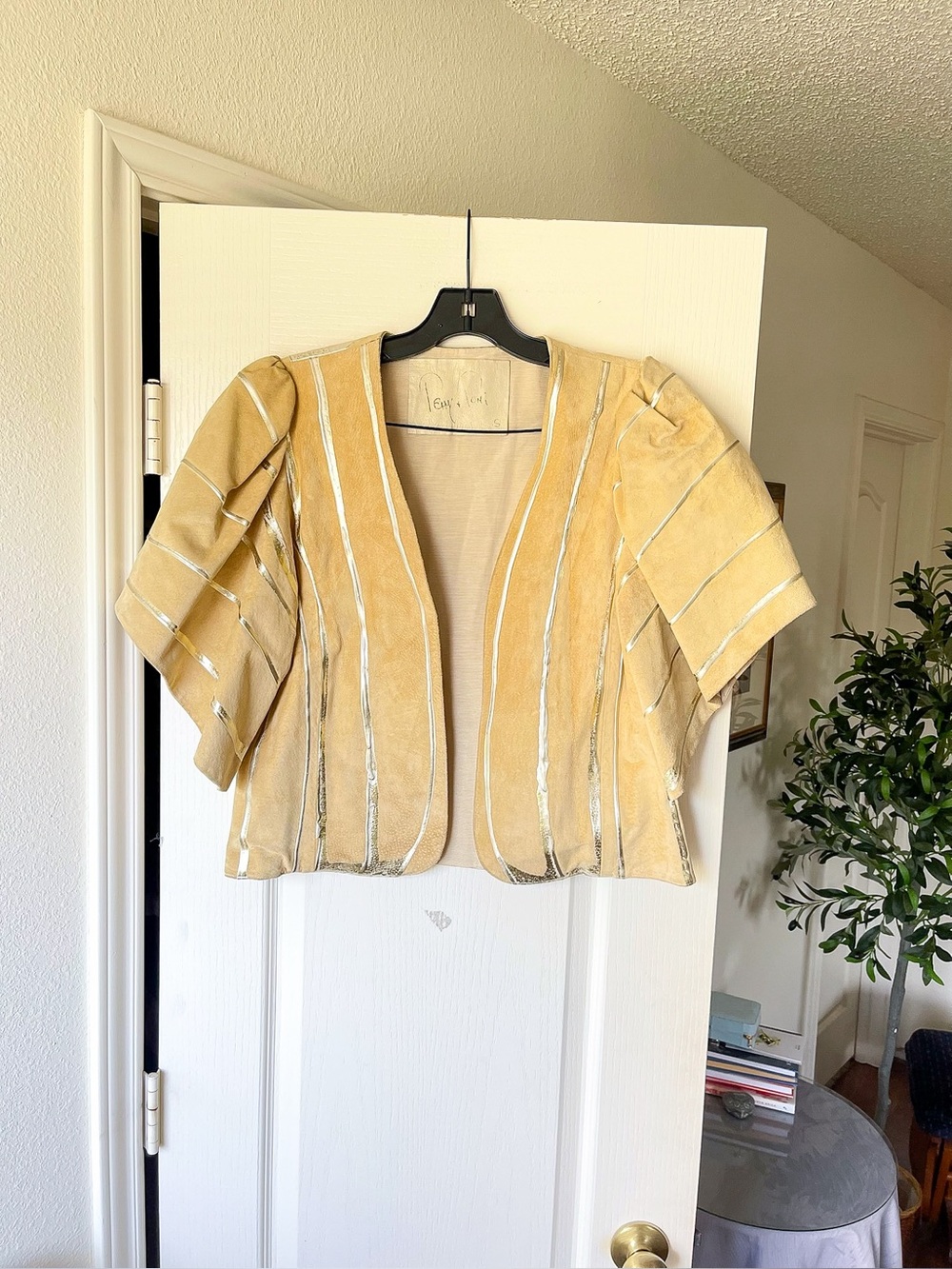 Terry + Toni Vintage Hand Painted Suede Belted Bolero Tan Small GUC